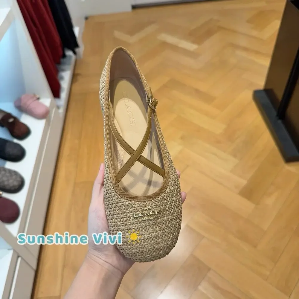 NWT Coach Women Phoebe Ballet Flat Natural CEE75 Raffia us7